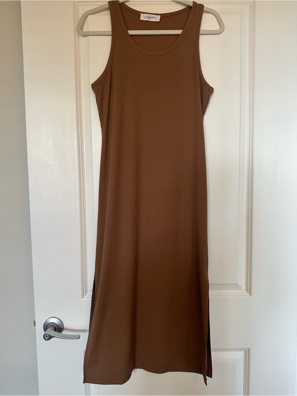 Carly Jean Los Angeles Sleeveless Midi Knit Dress in Warm Brown